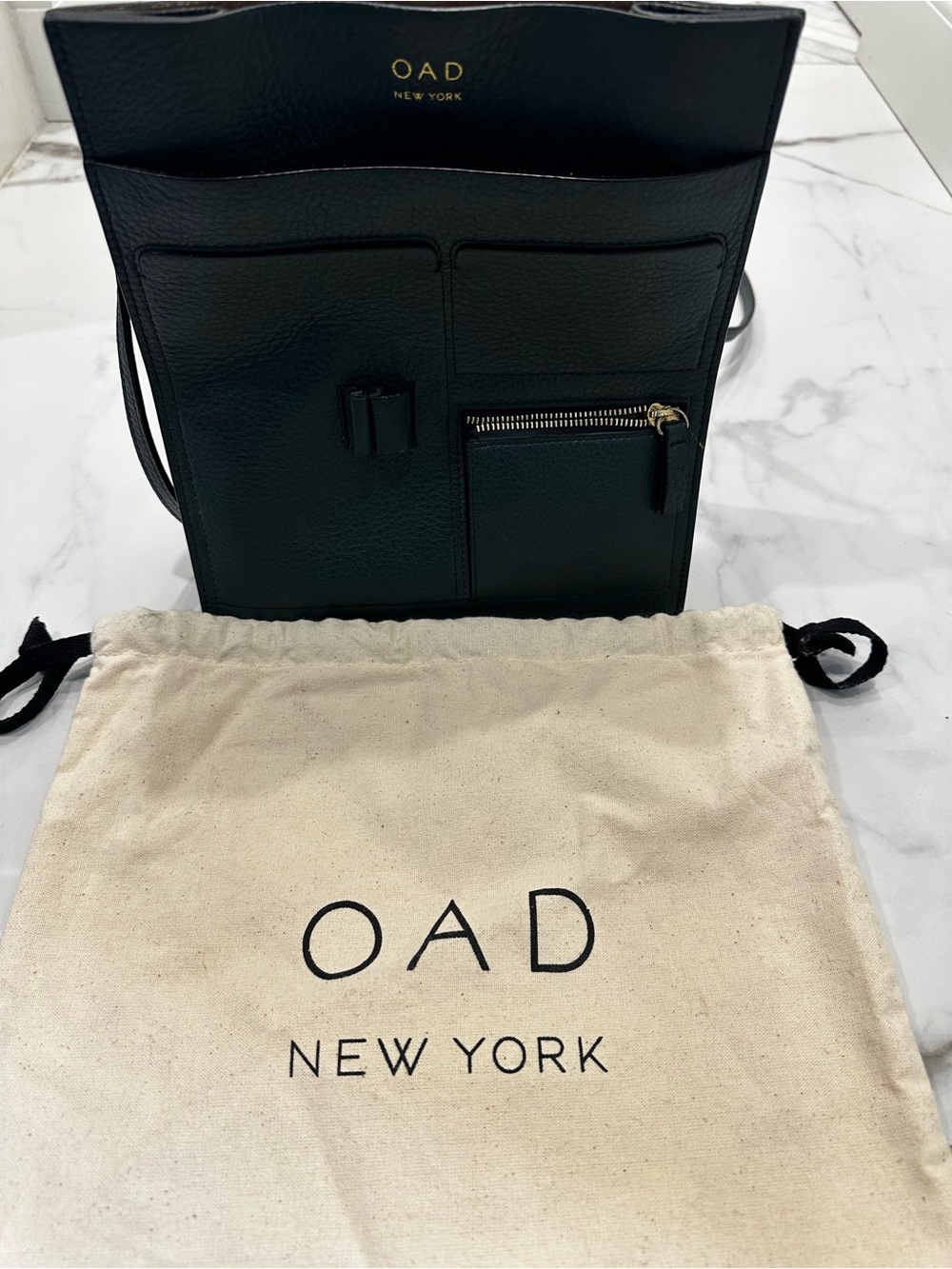 OAD New York Black Pebbled Leather Dark Green Crossbody with Front Pockets